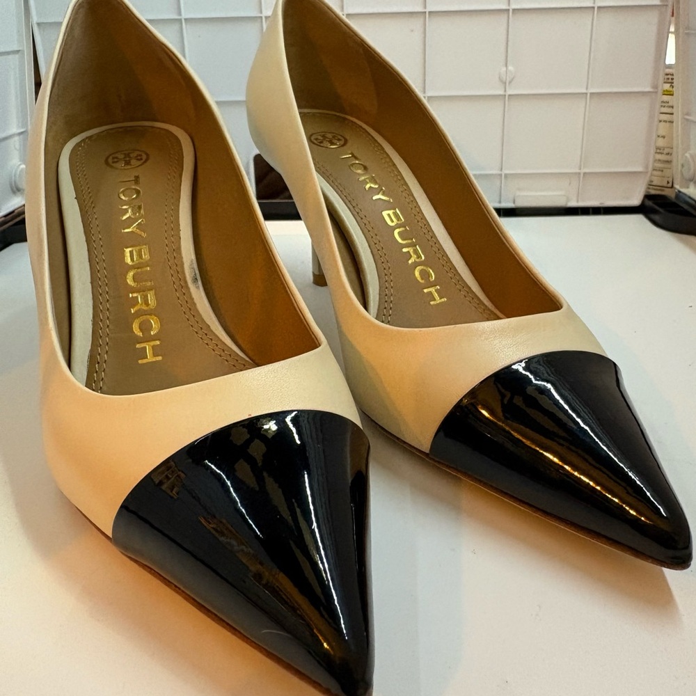 Tory Burch Penelope Two-Tone Pointed Toe Pumps in Cream and Black Patent